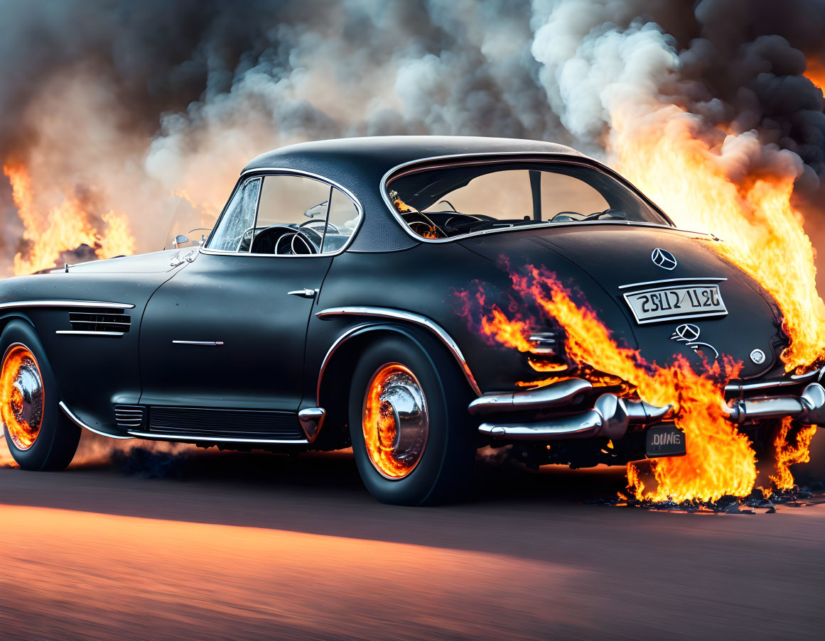 Vintage Mercedes-Benz engulfed in flames on road with billowing smoke