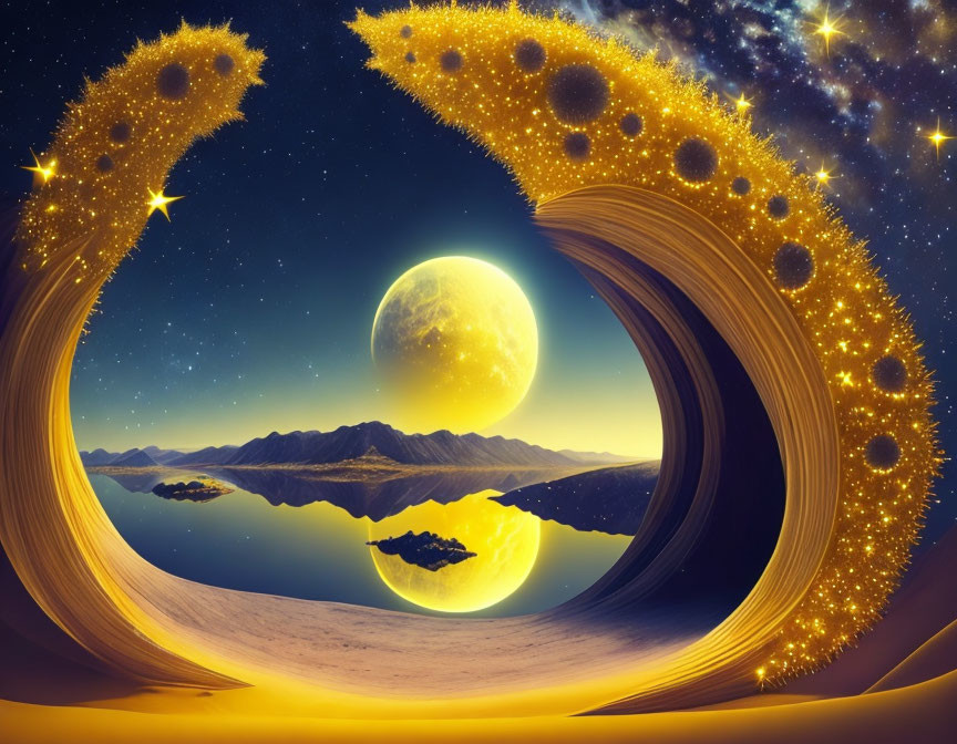 Surreal night landscape with golden fractal patterns, stars, moon, mountains, and lake