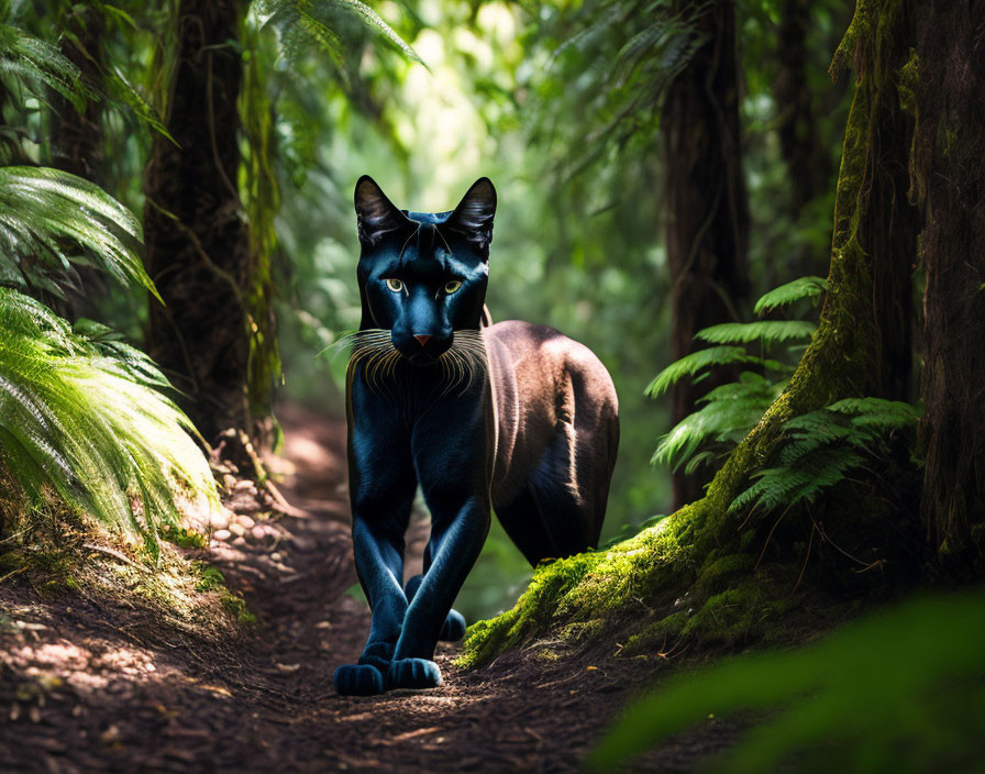 Black cat with blue eyes walking in lush forest ferns