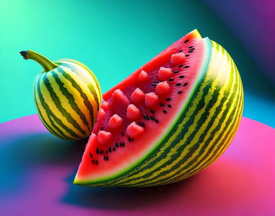 Fresh watermelon slice and balls on colorful backdrop.