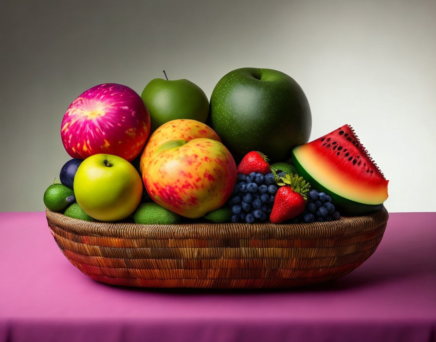 Assorted fruits in woven basket on pink surface