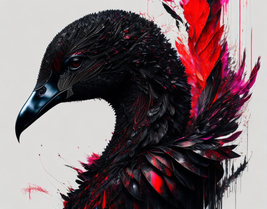 Detailed black bird illustration with red splashes and intricate feather textures