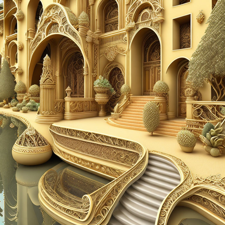 Intricate Fractal Art: Surreal Golden Architecture & Ornate Vegetation