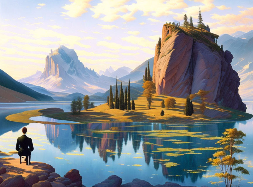 Tranquil lake scene with cliff, trees, mountains, and sky