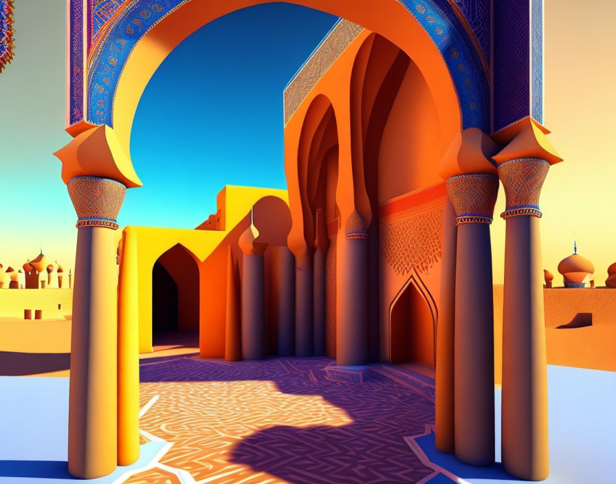 Detailed 3D rendering of ornate Middle Eastern palace