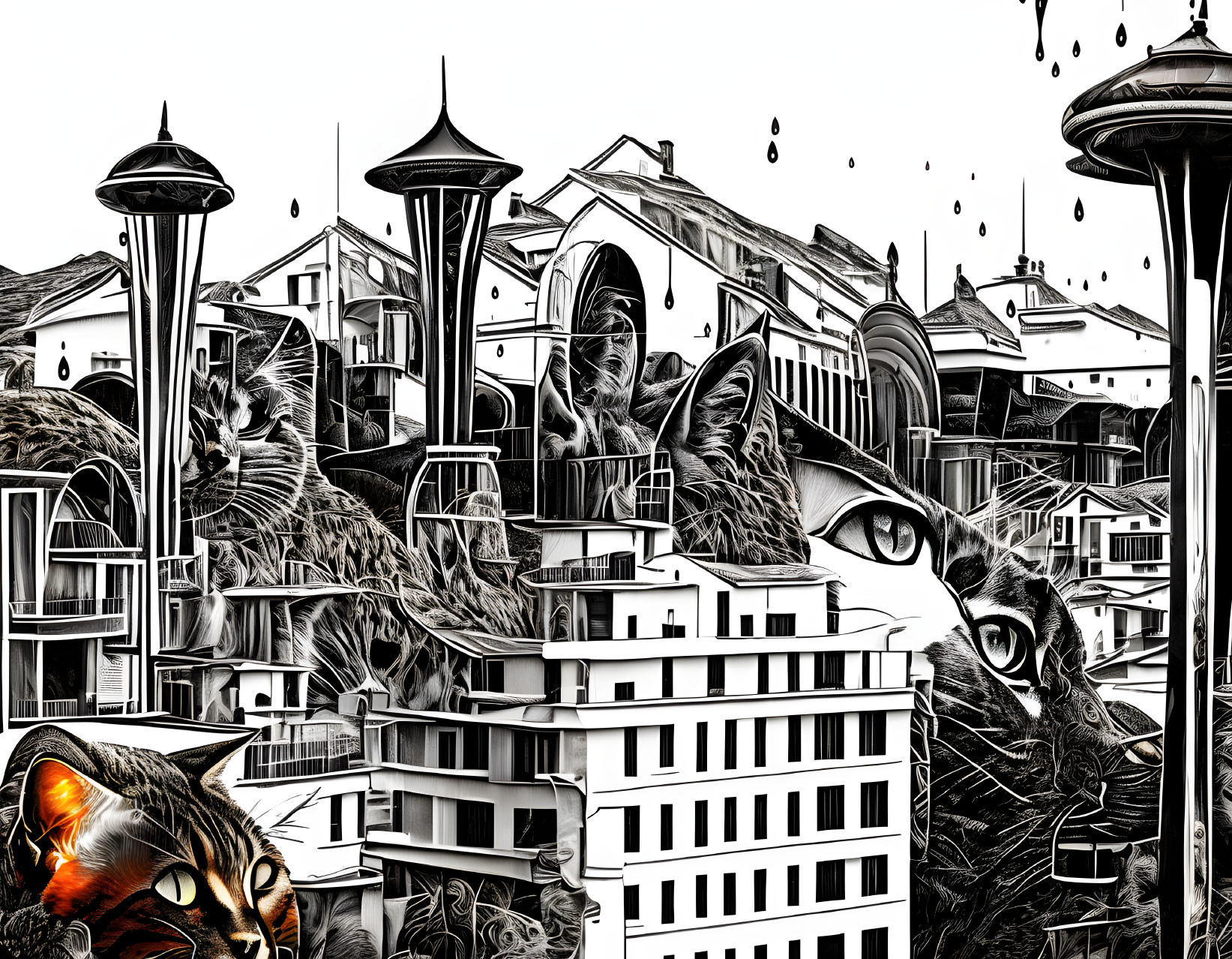 Surreal monochromatic artwork: cats fused with cityscape, feline eyes, architecture