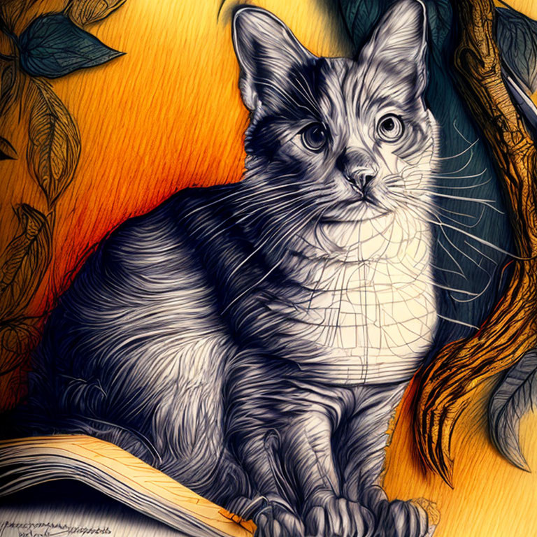 Detailed cat illustration with intricate linework and shading on warm-toned background with leaf motifs