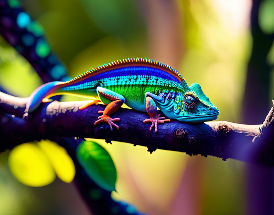 Colorful Chameleon on Tree Branch with Blue, Green, and Orange Hues