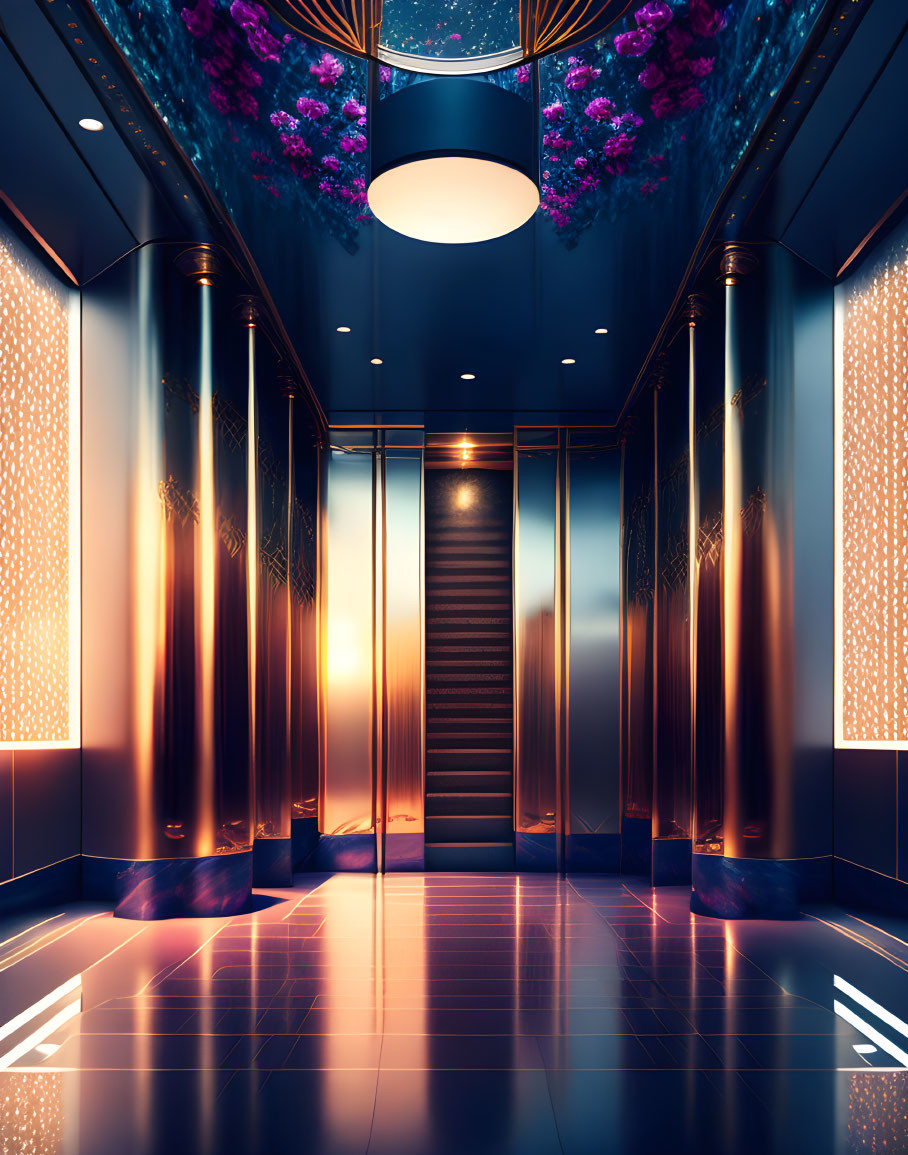 Modern elevator lobby with glowing panels, sleek columns, floral arrangements, and sunset view stairs.