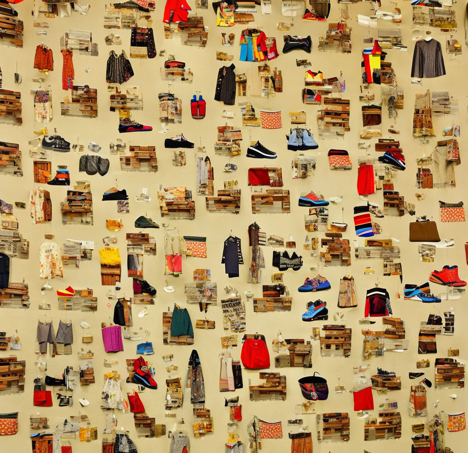 Wall Display of Clothing and Shoes on Wooden Pallets