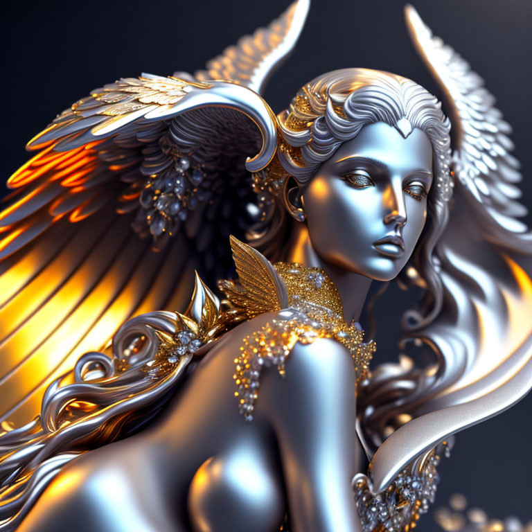 Metallic female angel with detailed wings and golden accents