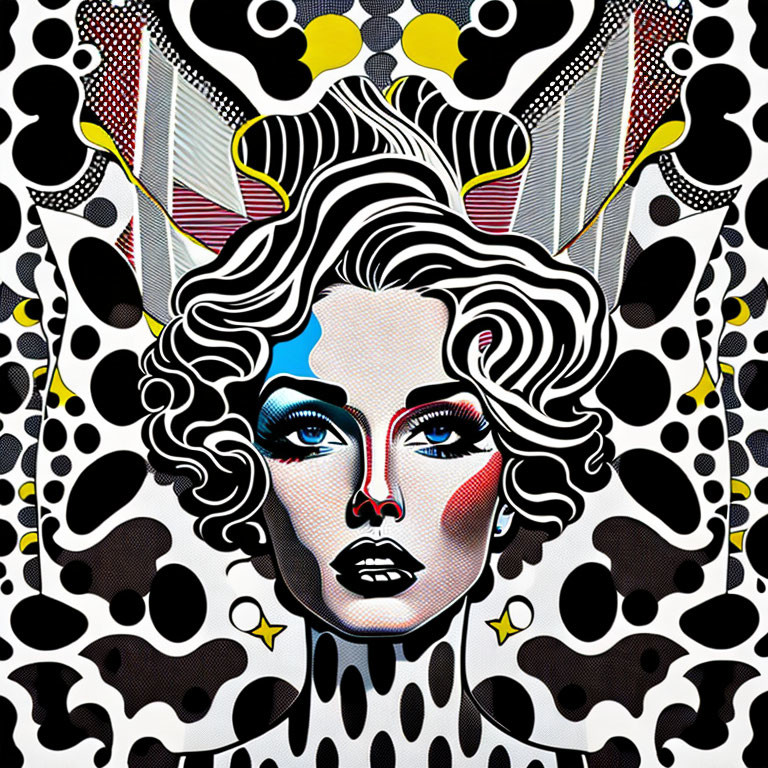 Colorful Pop Art Portrait of Woman with Wavy Hair and Bold Makeup