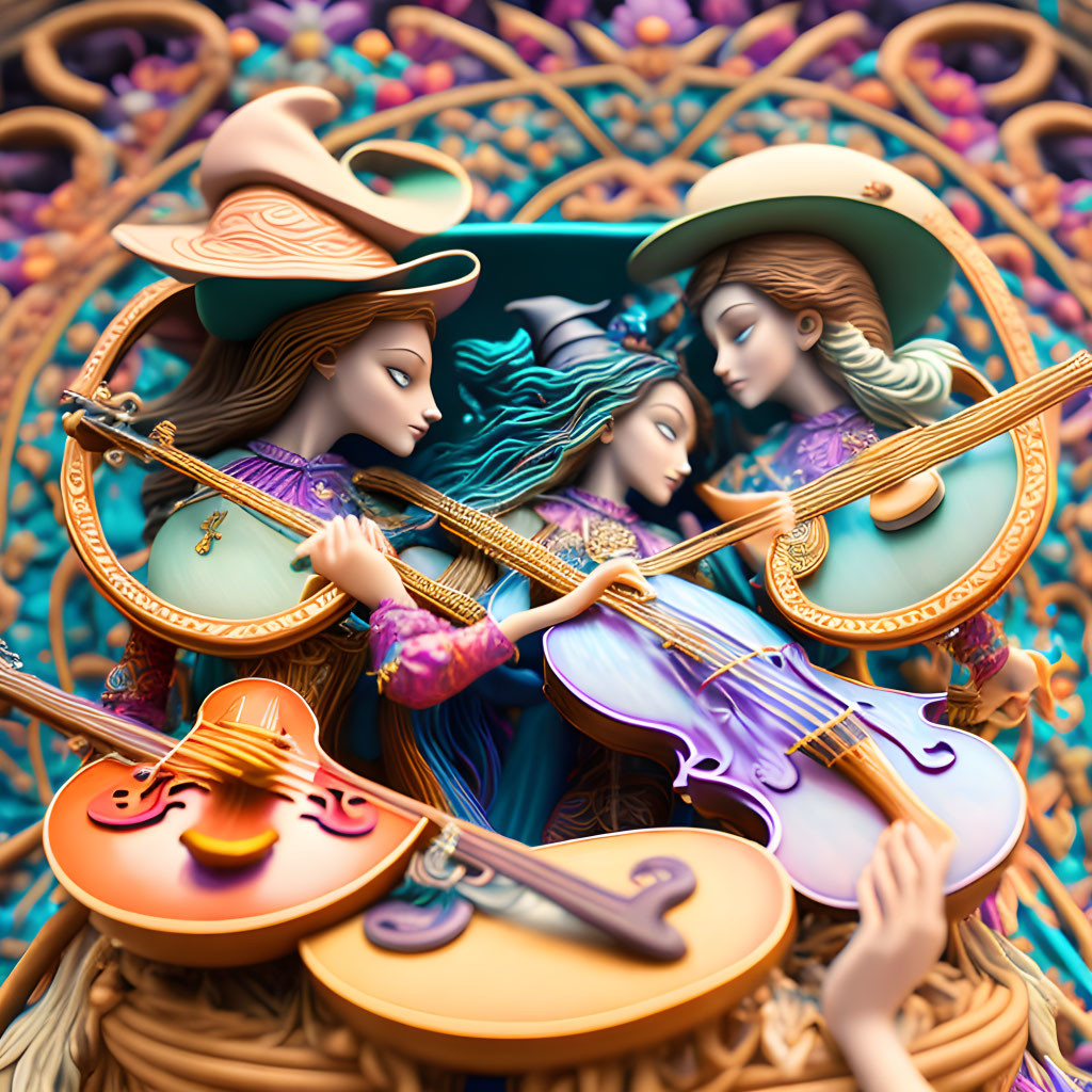 Colorful Stylized Animated Characters Playing Stringed Instruments