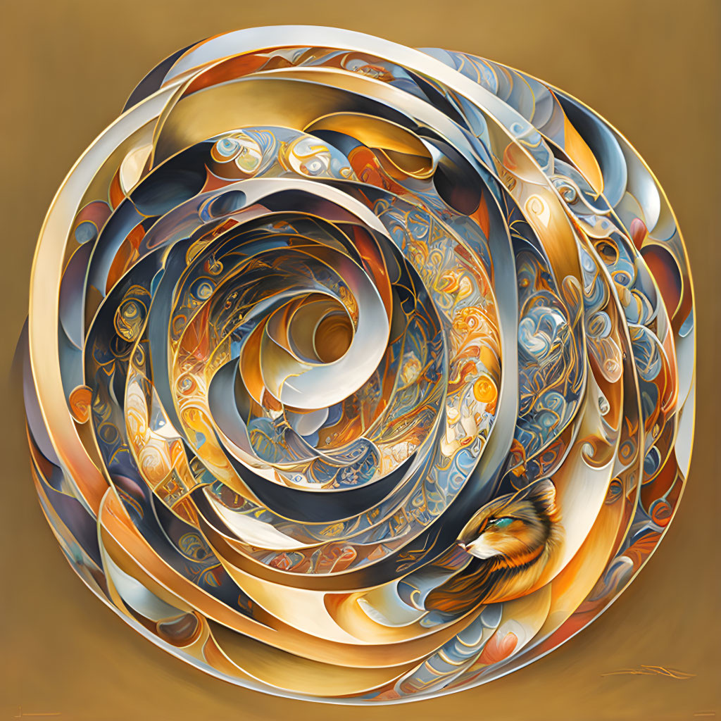 Swirling abstract art with gold, blue, orange hues and bird figure