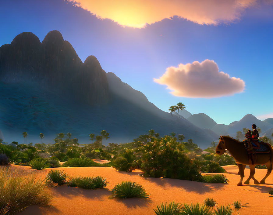 Desert Landscape at Sunset with Camel Rider & Mountains