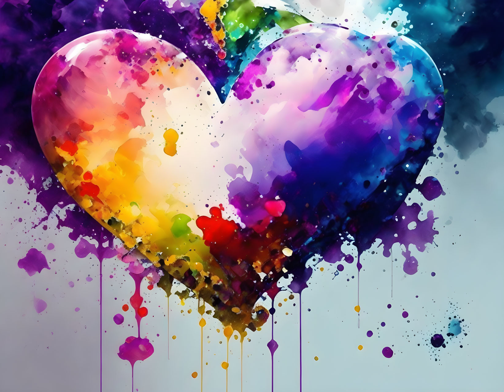 Colorful Abstract Heart Art on Dark Background with Purple, Blue, and Rainbow Splashes