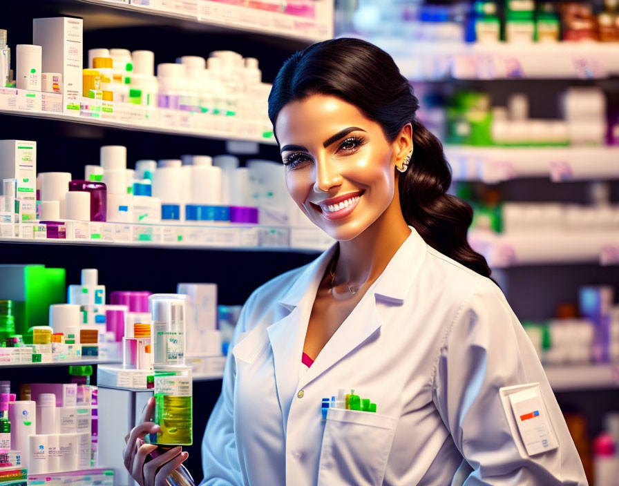 Female pharmacist in white lab coat at colorful pharmacy shelves