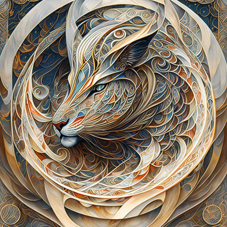 Detailed Fox Illustration with Swirling Blue, Orange, and Gold Patterns