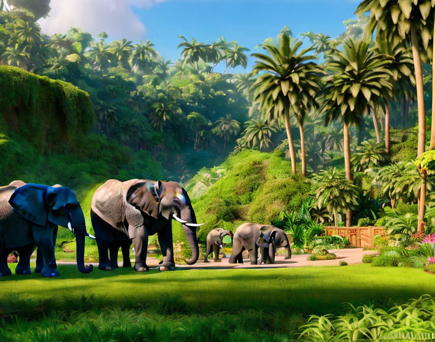 Herd of elephants with baby in lush jungle under blue sky