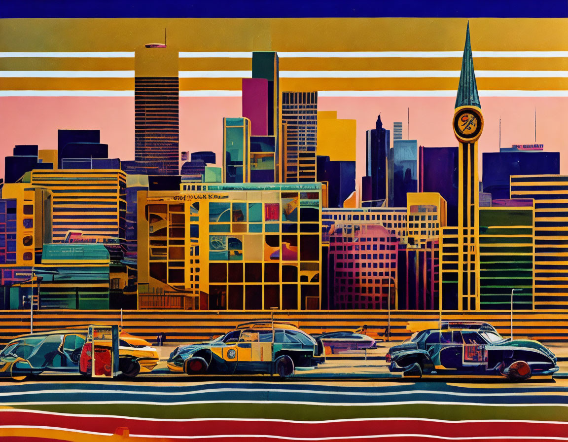 Vibrant cityscape with assorted vehicles and diverse architecture under a striped sky