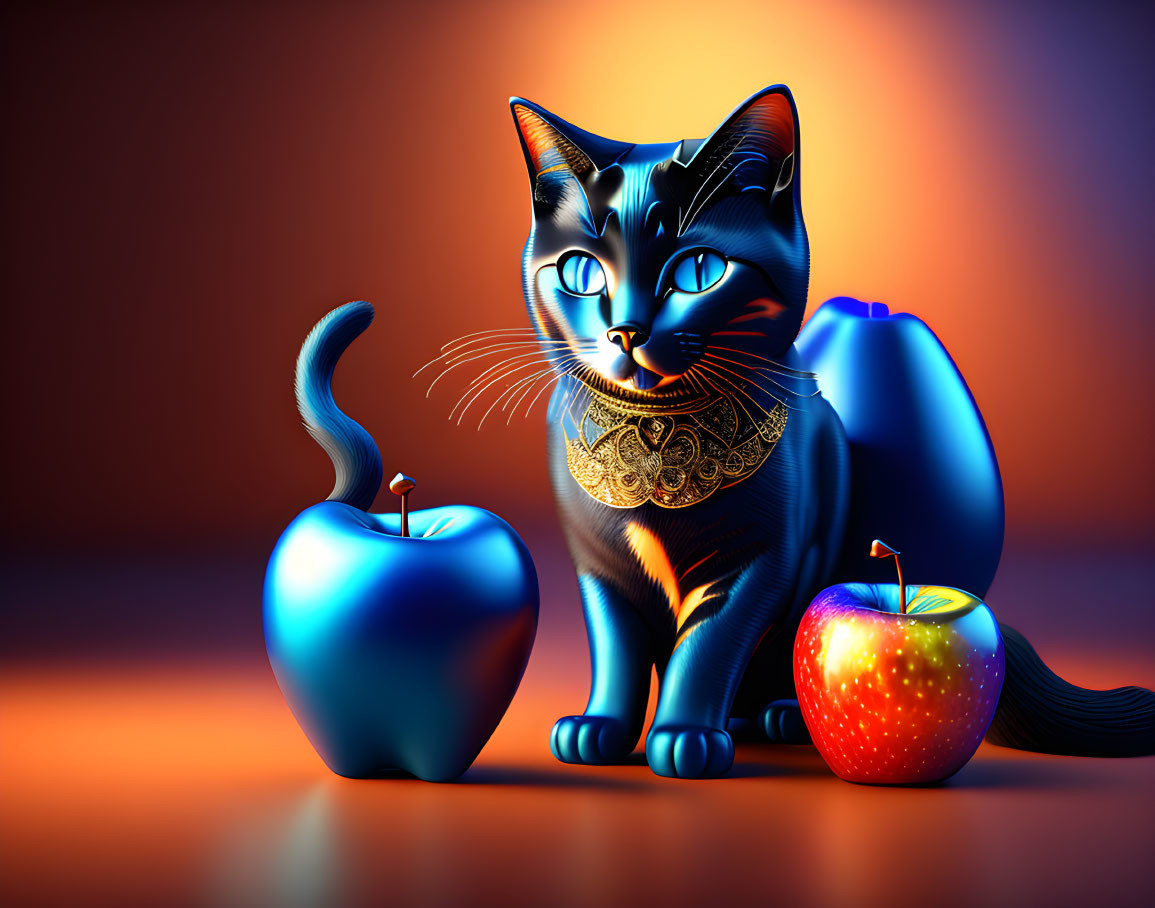 Metallic blue cat with apples on orange background