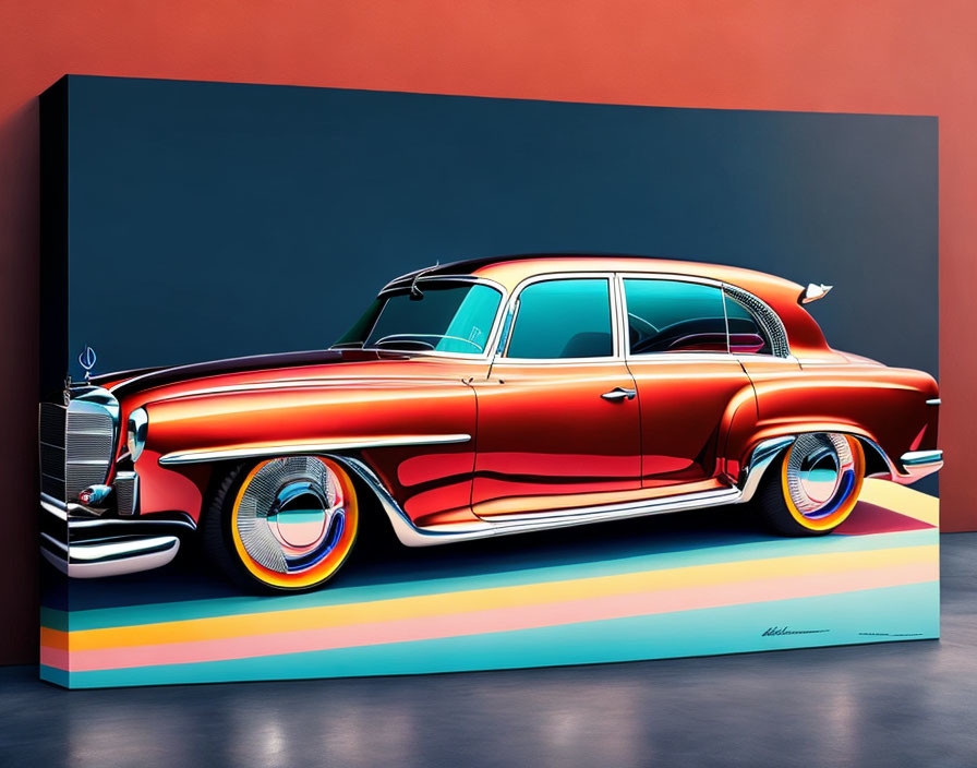 Digitally stylized classic red car with exaggerated proportions and vibrant highlights on gray background.