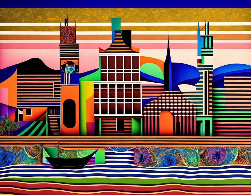 Colorful abstract cityscape with geometric buildings and vibrant patterns.