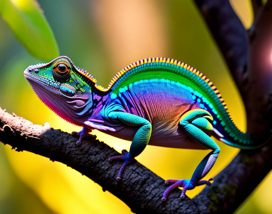 Colorful Chameleon with Green Crests Perched on Branch in Vibrant Image