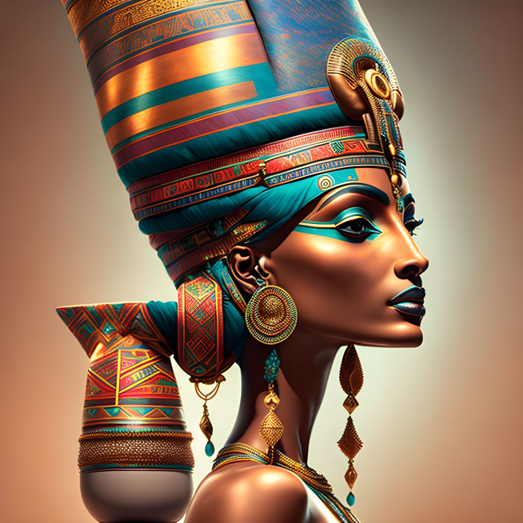 Digital portrait of woman in Egyptian headdress with gold and turquoise details