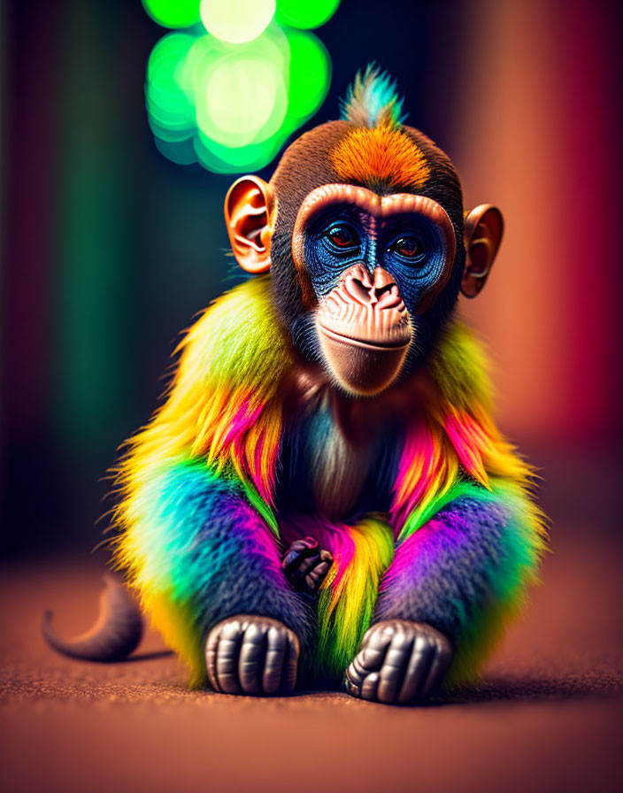 Vibrant multicolored fur monkey with expressive eyes on bokeh background