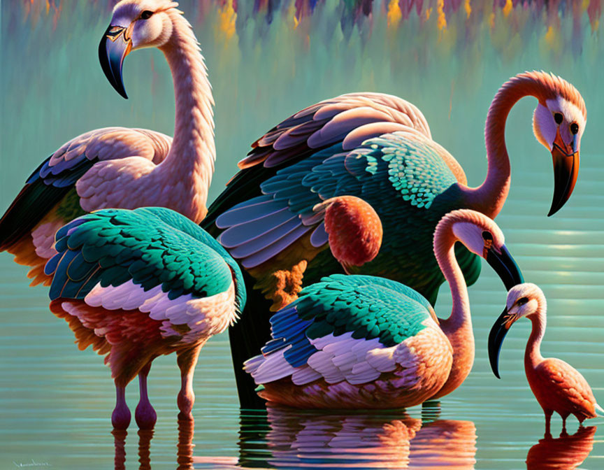 Colorful Stylized Flamingos Painting with Water Reflections