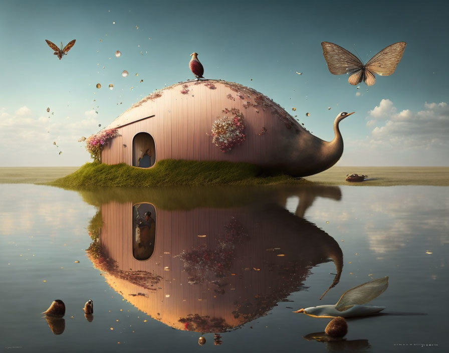 Surreal landscape: snail-shaped hill, door, flowers, butterflies, bird