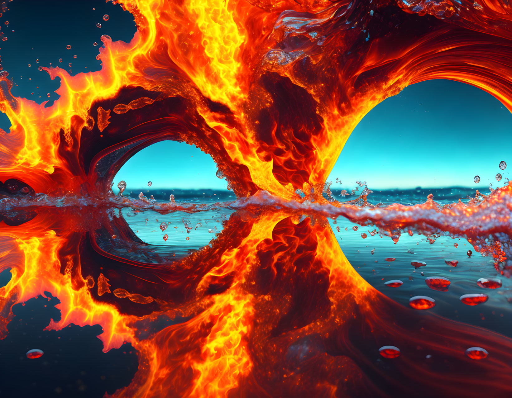 Oceanic surreal scene: fiery liquid forms above clear sky