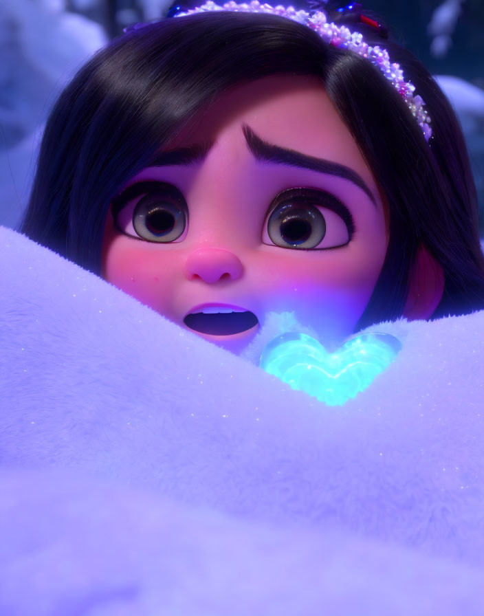 Animated character with large eyes, dark hair, tiara, peeking behind fluffy white surface with glowing