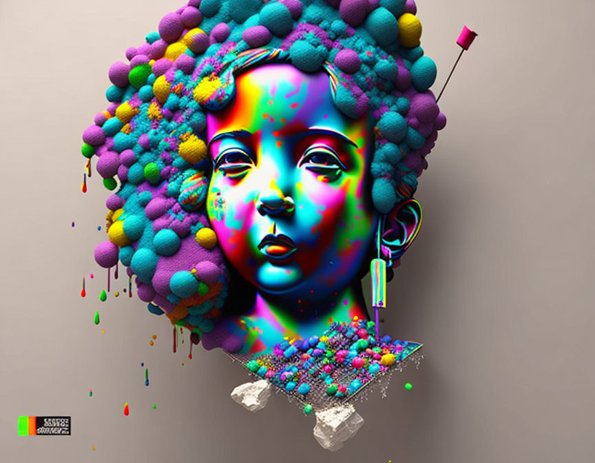 Colorful digital artwork: person's head with textured cloud hair on neon face, taupe backdrop