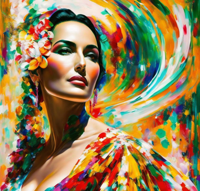 Colorful brushstrokes depict woman with flowers beside her face