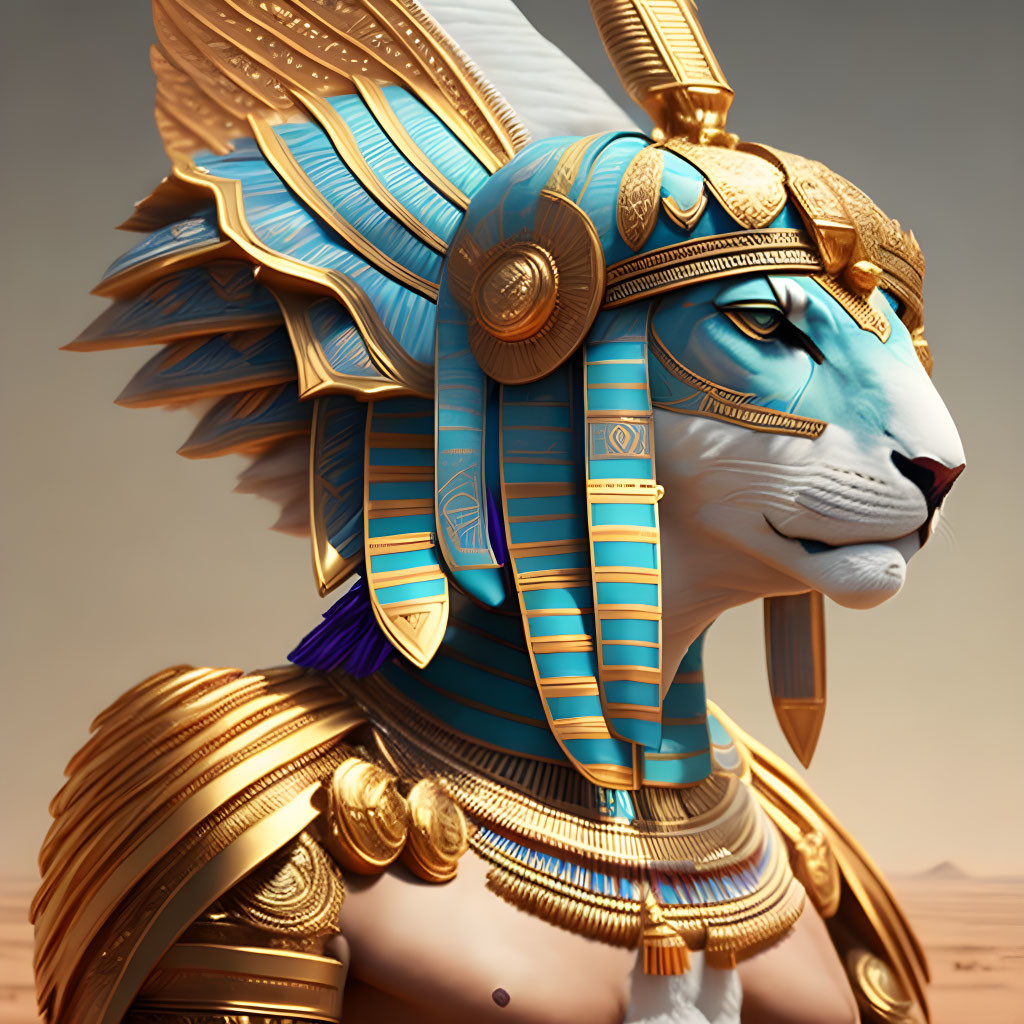 Detailed digital artwork: humanoid with lion head in Egyptian armor