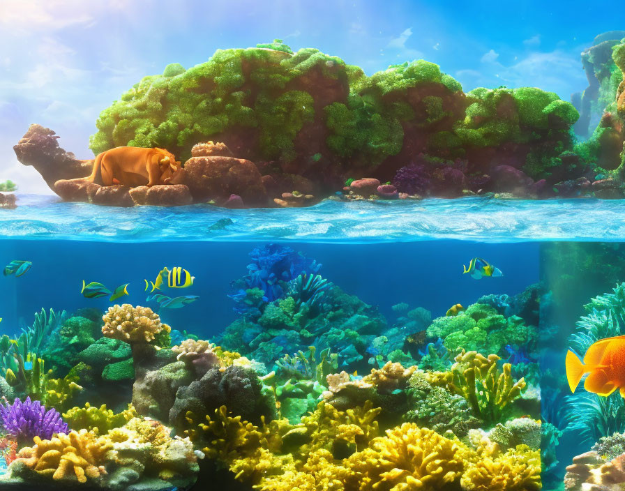 Split-view image: Lion resting on vibrant underwater reef with colorful corals and fish