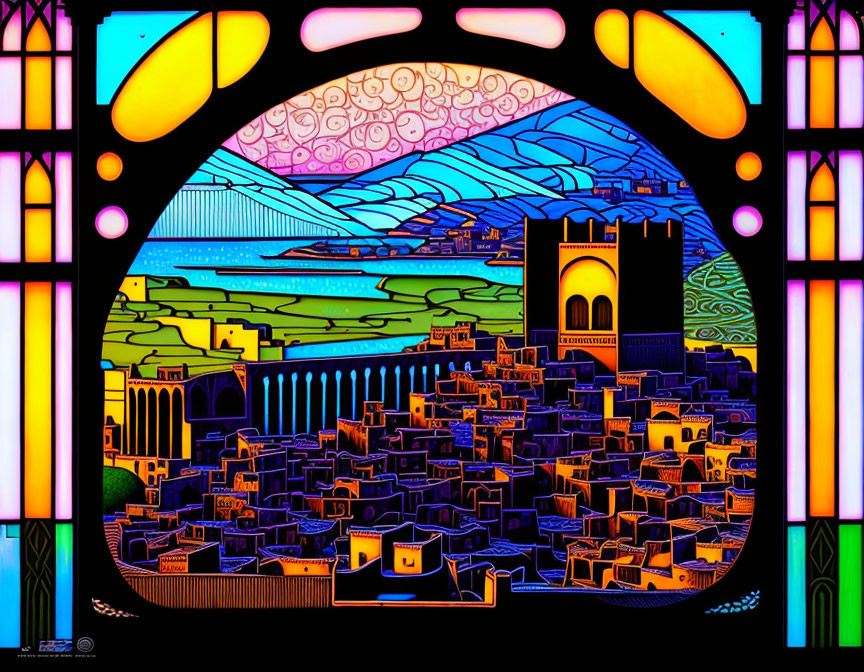 Vibrant cityscape illustration with stained-glass style.