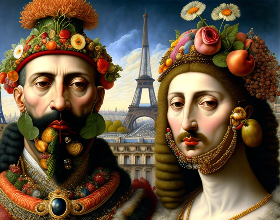 Surrealistic painting of man and woman with fruit headwear, Renaissance clothing, Eiffel