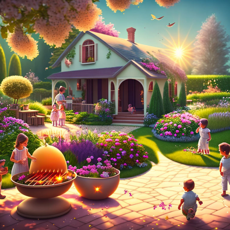 Colorful illustration of cozy house, gardens, children playing, and oversized egg-shaped structure.