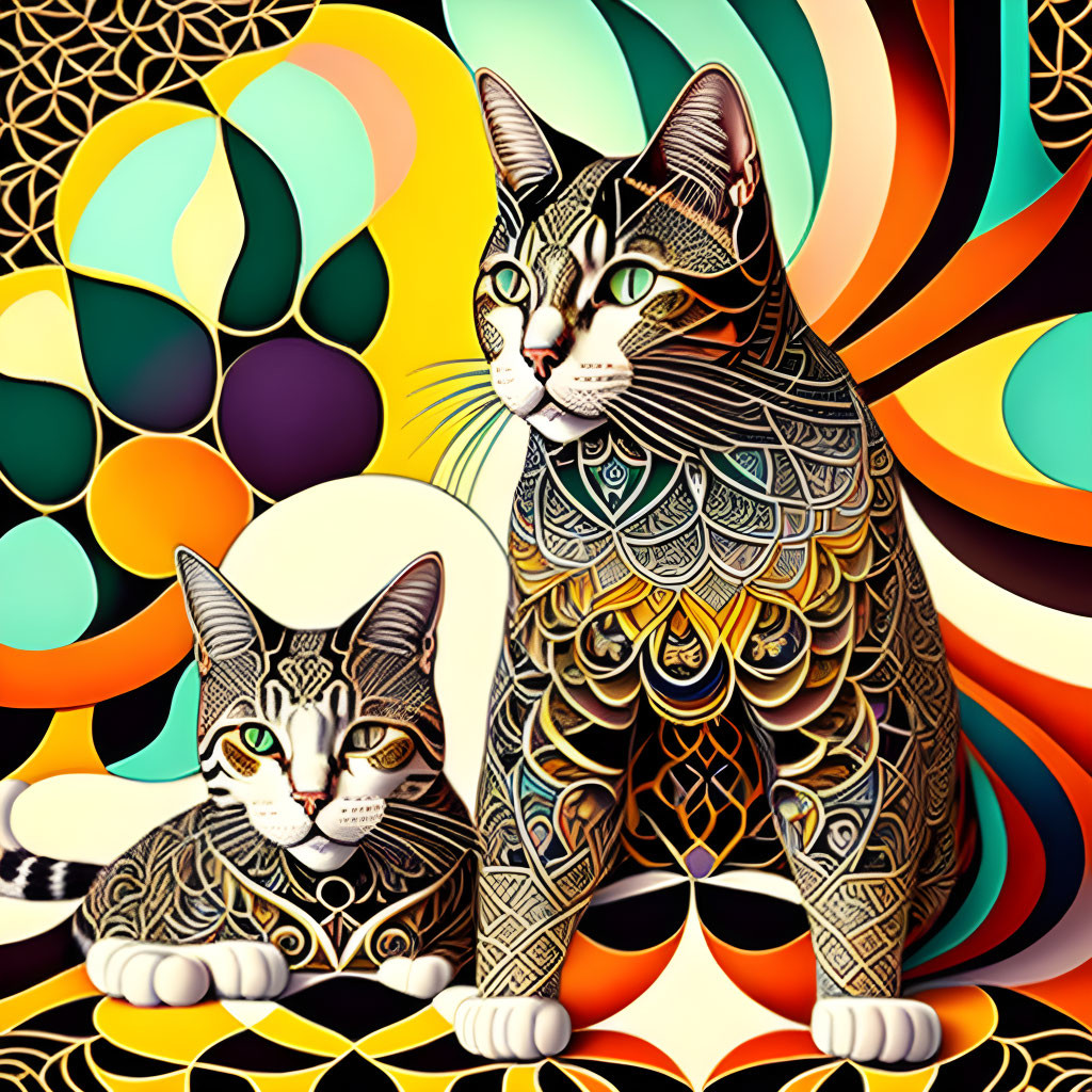 Ornate Patterned Cats with Vibrant Geometric Background