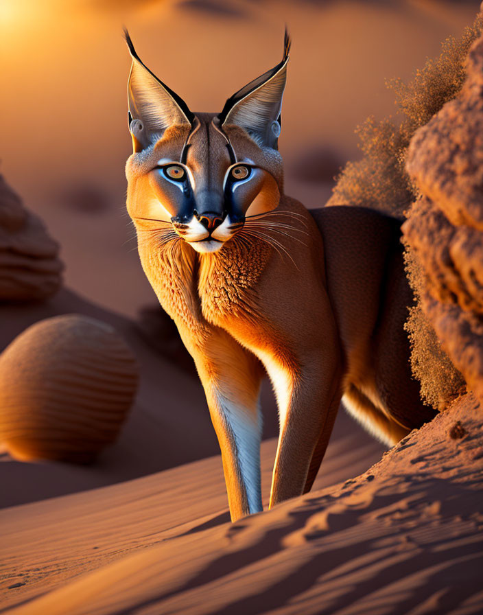 Digital art of a caracal in desert landscape with enhanced facial features