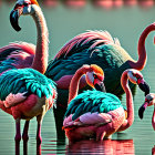 Colorful Stylized Flamingos Painting with Water Reflections