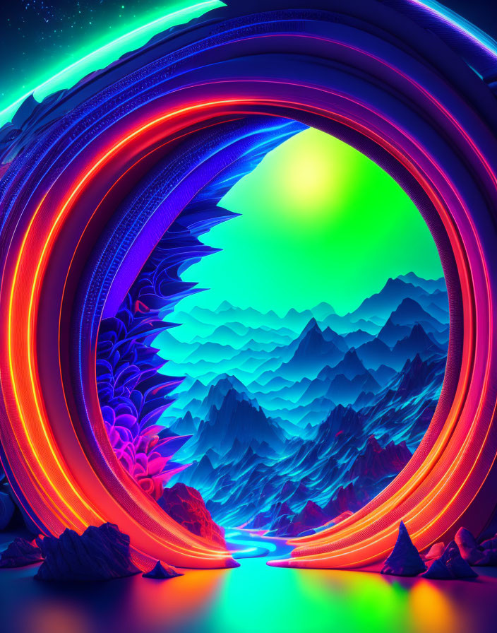 Neon portal frames surreal landscape under starry sky