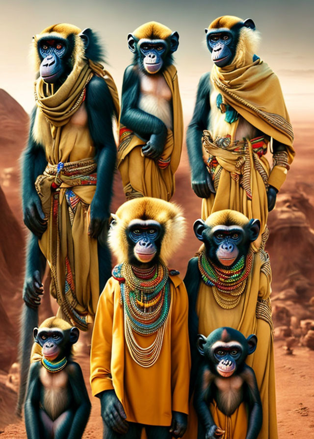 Five baboons in traditional clothing against desert backdrop