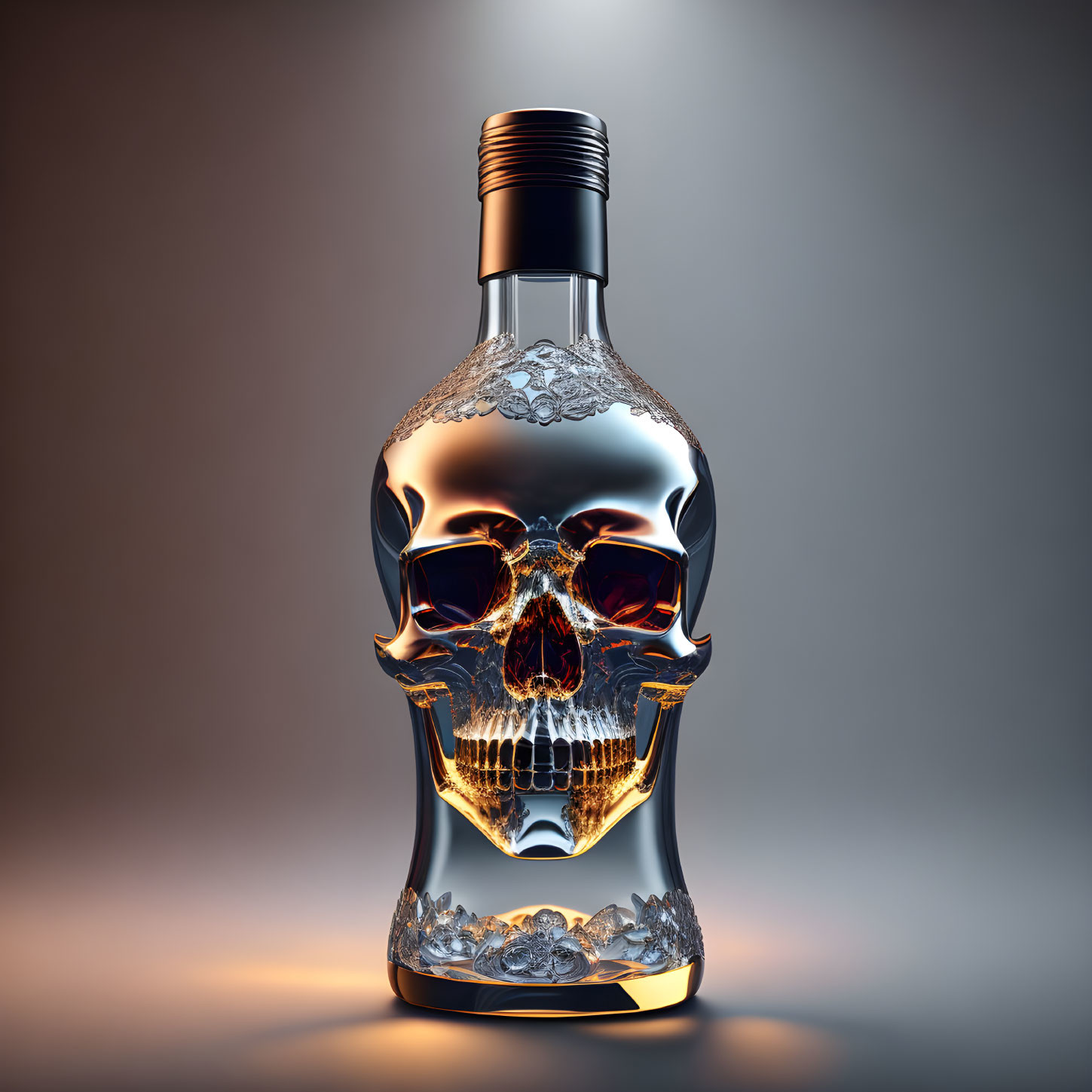 Skull-shaped Glass Bottle with Golden Liquid on Dark Background