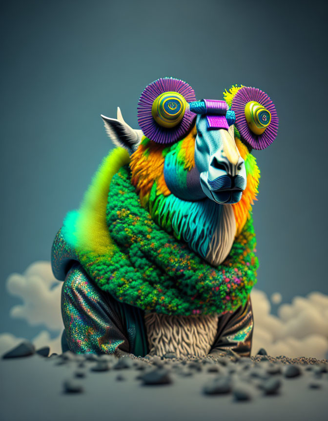 Vibrant surreal creature with ram horns in rocky landscape