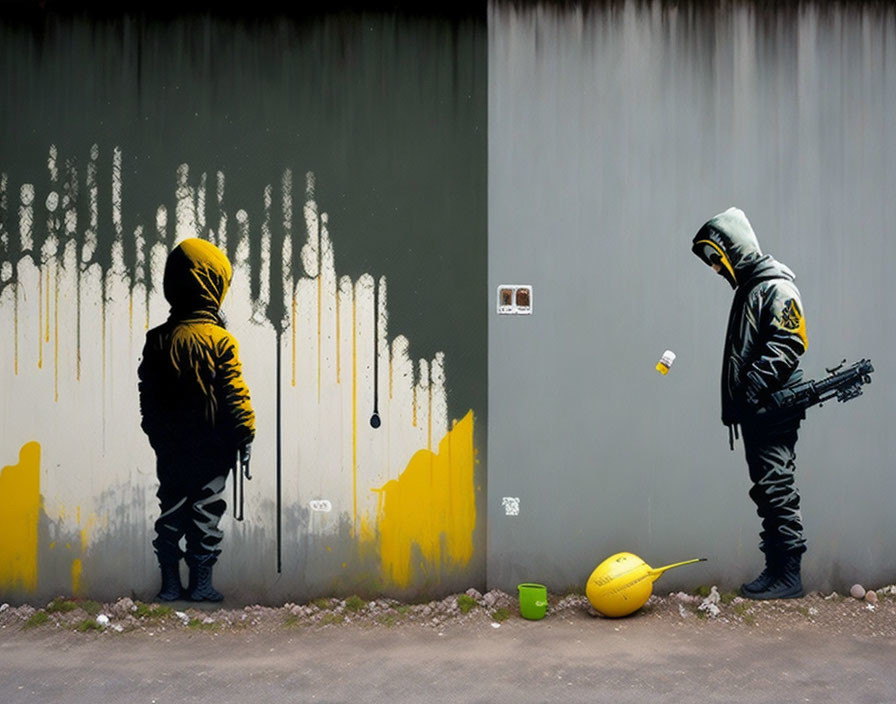 Yellow hazmat suit figures mural on gray wall with paint drips