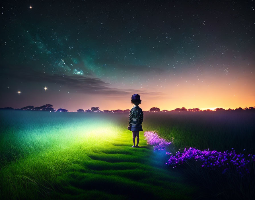 Child in grassy field at twilight with starry sky and gentle sunset horizon